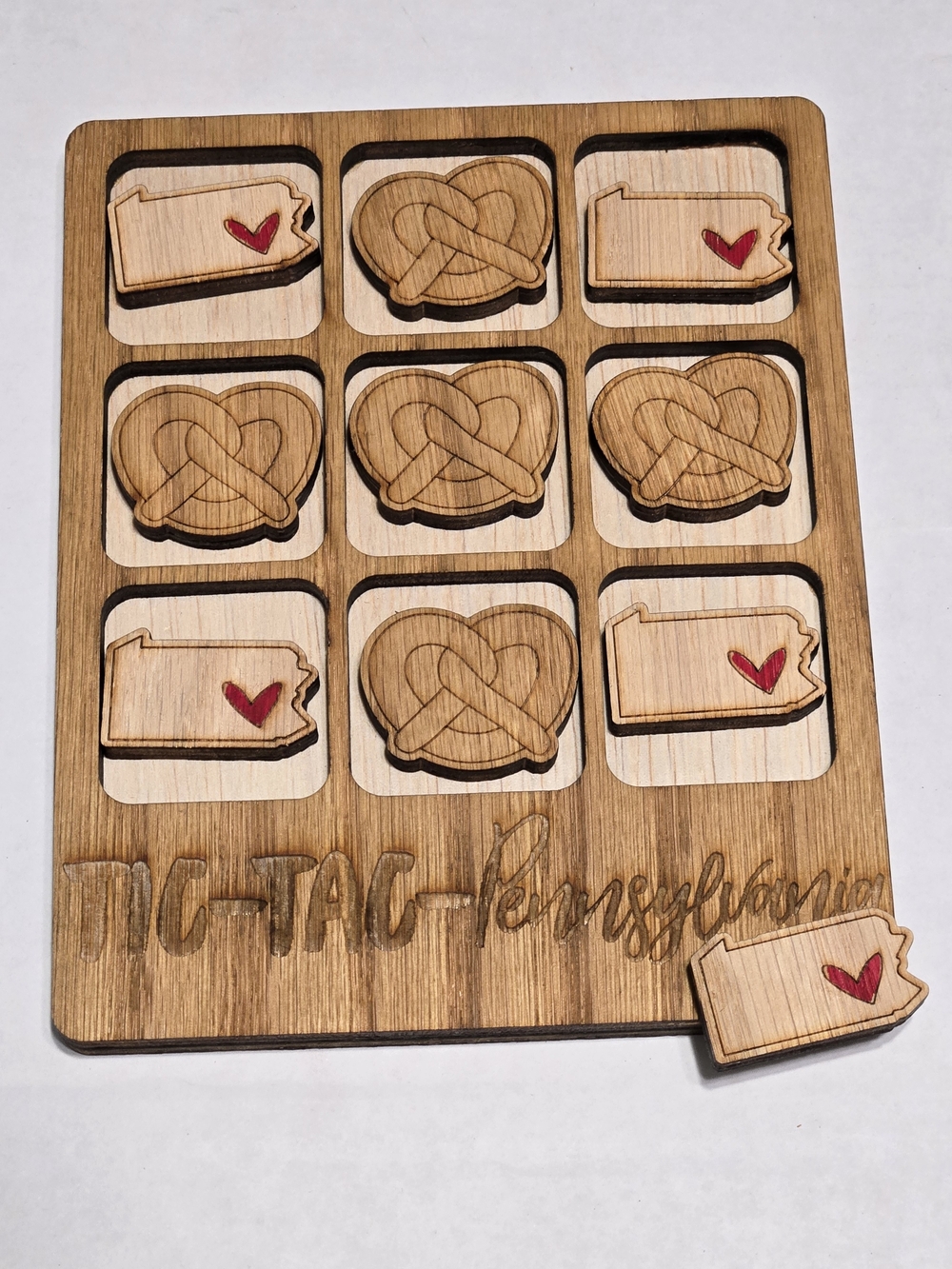 Wooden Tic-Tac-Pennsylvania Game Set - Heart & Pretzel Tokens